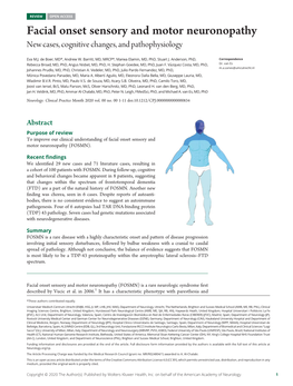 Facial Onset Sensory and Motor Neuronopathy New Cases, Cognitive Changes, and Pathophysiology