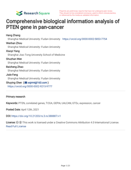 Comprehensive Biological Information Analysis of PTEN Gene in Pan-Cancer