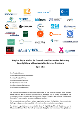 A Digital Single Market for Creativity and Innovation: Reforming Copyright Law Without Curtailing Internet Freedoms Open Letter