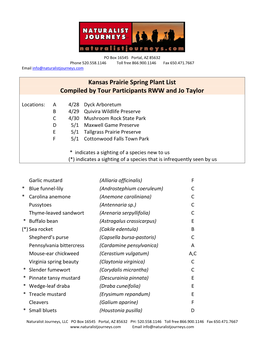 Plant List Compiled by Tour Participants RWW and Jo Taylor