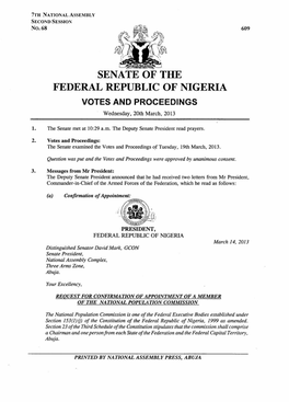 SENATE of the FEDERAL REPUBLIC of NIGERIA VOTES and PROCEEDINGS Wednesday, 20Th March, 2013