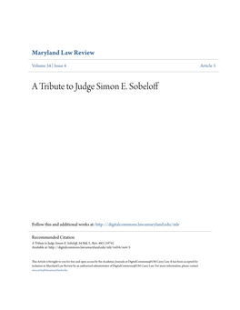 A Tribute to Judge Simon E. Sobeloff