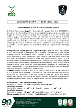 COMUNICATO STAMPA N.44 Del 14 Febbraio 2020