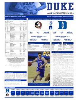 DUKE BASKETBALL | GAME NOTES Goduke.Com | @Dukembb | #Herecomesduke