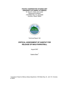 Critical Assessment of Habitat for Release of Maui Parrotbill