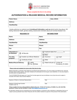 AUTHORIZATION to RELEASE MEDICAL RECORD INFORMATION