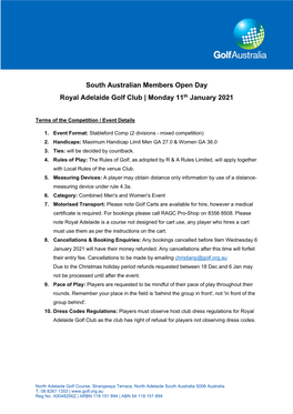 South Australian Members Open Day Royal Adelaide Golf Club | Monday 11Th January 2021