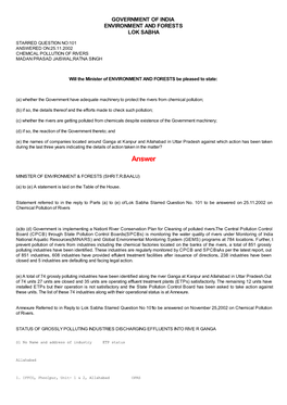 Answered On:25.11.2002 Chemical Pollution of Rivers Madan Prasad Jaiswal;Ratna Singh