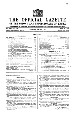 THE OFFICIAL GAZETTE of the COLONY and PROTECTORATE of KENYA Pubhshed Under the Autbonty of Hm Egeeulency- the Governor -Of the Colony and Protectorate of Kenya - VOI