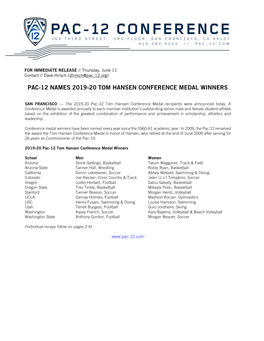 2019-20 Conf Tom Hansen Medal Release Final
