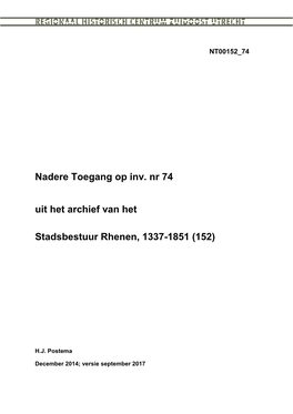 Nadere Toegang Op Inv. Nr 74 Uit Het Archief Van Het Stadsbestuur