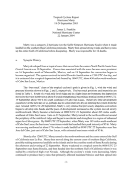 1- Tropical Cyclone Report Hurricane Marty 18-24 September 2003 James L. Franklin National Hurricane Center 22 January 2004