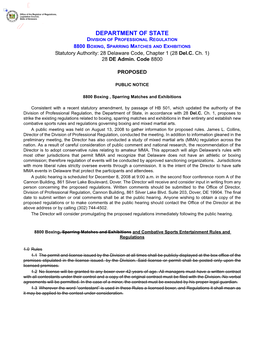 DEPARTMENT of STATE DIVISION of PROFESSIONAL REGULATION 8800 BOXING, SPARRING MATCHES and EXHIBITIONS Statutory Authority: 28 Delaware Code, Chapter 1 (28 Del.C