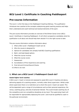 BCU Level 1 Certificate in Coaching Paddlesport Pre-Course Information