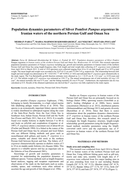 Population Dynamics Parameters of Silver Pomfret Pampus Argenteus in Iranian Waters of the Northern Persian Gulf and Oman Sea