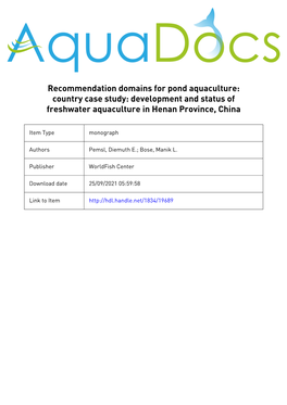 Country Case Study: Development and Status of Freshwater Aquaculture in Henan Province, China