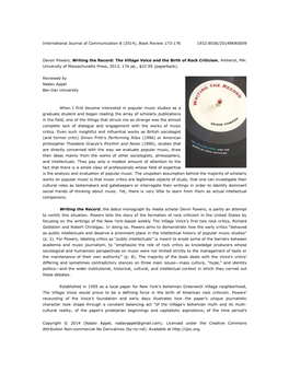 Devon Powers, Writing the Record: the Village Voice and the Birth of Rock Criticism, Amherst, MA: University of Massachusetts Press, 2013, 176 Pp., $22.95 (Paperback)