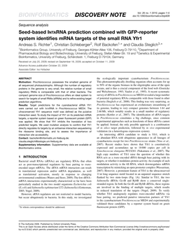 Seed-Based INTARNA Prediction Combined with GFP-Reporter System Identiﬁes Mrna Targets of the Small RNA Yfr1 Andreas S