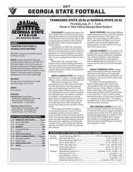 GEORGIA STATE FOOTBALL @Georgiastatefb | @Coachselliot | @Gsupanthers | @Gsustadium TENNESSEE STATE (0-0) at GEORGIA STATE (0-0) Thursday, Aug