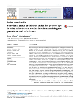 Nutritional Status of Children Under Five Years of Age in Shire Indaselassie