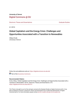 Global Capitalism and the Energy Crisis: Challenges and Opportunities Associated with a Transition to Renewables