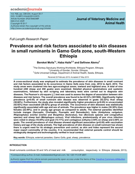 Prevalence and Risk Factors Associated to Skin Diseases in Small Ruminants in Gamo Gofa Zone, South-Western Ethiopia