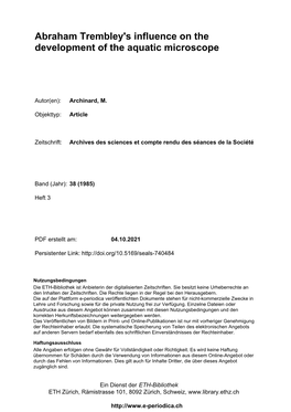 Abraham Trembley's Influence on the Development of the Aquatic Microscope