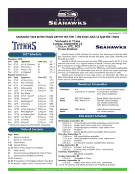 Seahawks at Titans Sunday, September 24 1:05 P.M. (PT), FOX