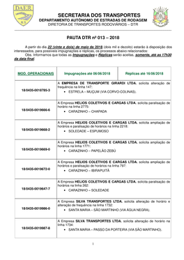 Secretaria Dos Transportes Departamento Autônomo De Estradas De Rodagem Diretoria De Transportes Rodoviários – Dtr ______