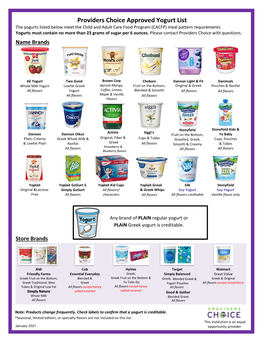 Providers Choice Approved Yogurt List the Yogurts Listed Below Meet the Child and Adult Care Food Program (CACFP) Meal Pattern Requirements