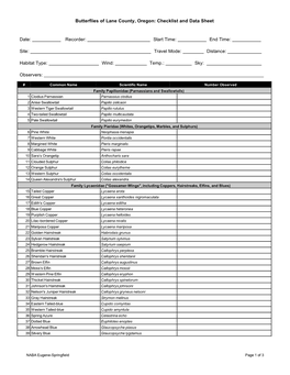 Butterflies of Lane County, Oregon: Checklist and Data Sheet Date