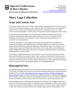 Mary Lago Collection Scope and Content Note