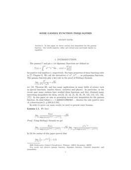 1. INTRODUCTION the Gamma Γ and Psi Ψ (Or Digamma )Functions Are Defined As Γ(X)