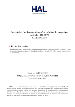 Inventaire Des Bandes Dessinées Publiées Le Magazine Actuel, 1970-1975 Jean-Paul Gabilliet