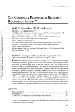 Can Generalist Predators Be Effective Biocontrol Agents?