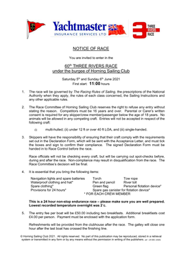 NOTICE of RACE 60Th THREE RIVERS RACE Under the Burgee Of