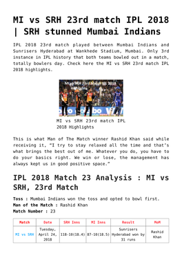 MI Vs SRH 23Rd Match IPL 2018 | SRH Stunned Mumbai Indians