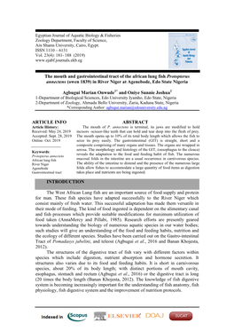 The Mouth and Gastrointestinal Tract of the African Lung Fish Protopterus Annectens (Owen 1839) in River Niger at Agenebode, Edo State Nigeria