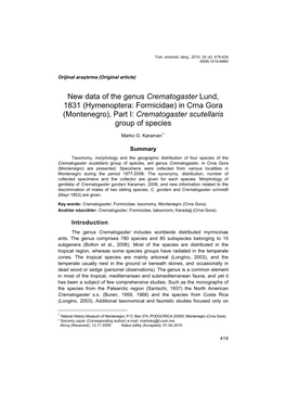 New Data of the Genus Crematogaster Lund, 1831 (Hymenoptera: Formicidae) in Crna Gora (Montenegro), Part I: Crematogaster Scutellaris Group of Species