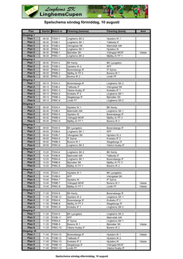 Spelschema Söndag Förmiddag, 10 Augusti