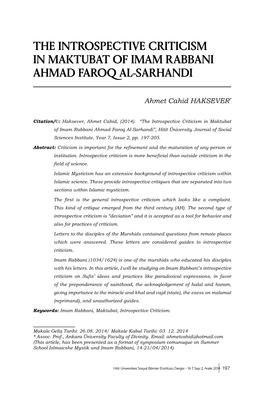 The Introspective Criticism in Maktubat of Imam Rabbani Ahmad Faroq Al-Sarhandi