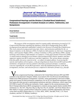 Congressional Hearings and the Division I (Football Bowl Subdivision) Postseason Arrangement: a Content Analysis on Letters, Testimonies, and Symposiums ______