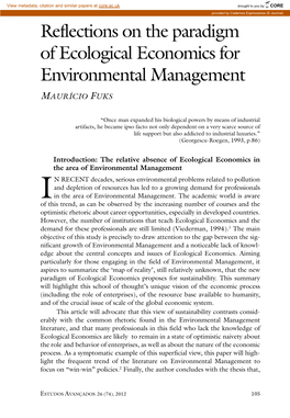 Reflections on the Paradigm of Ecological Economics for Environmental Management