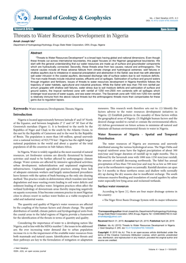 Threats to Water Resources Development in Nigeria Amah Joseph Idu* Department of Hydrogeology/Hydrology, Enugu State Water Corporation, GRA, Enugu, Nigeria