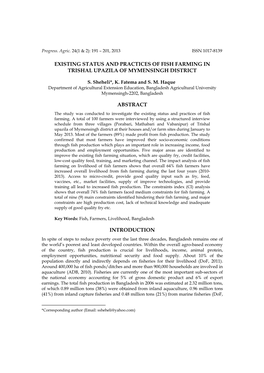 Existing Status and Practices of Fish Farming in Trishal Upazila of Mymensingh District