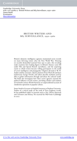 British Writers and MI5 Surveillance, 1930–1960 James Smith Frontmatter More Information