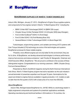 Borgwarner Supplies 5 of Ward's “10 Best Engines 2012