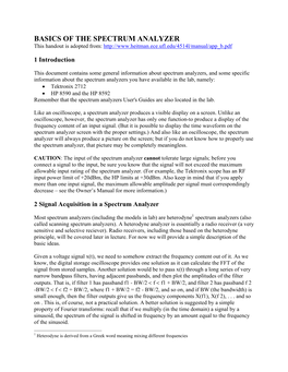 BASICS of the SPECTRUM ANALYZER This Handout Is Adopted From