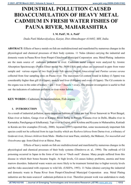 Industrial Pollution Caused Bioaccumulation of Heavy Metal Cadmium in Fresh Water Fishes of Pauna River, Maharashtra