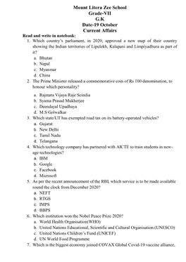 Mount Litera Zee School Grade-VII G.K Date-19 October Current Affairs Read and Write in Notebook: 1